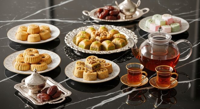 Traditional tea and sweet dessert spread.