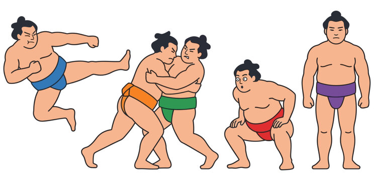 Five distinct cartoon sumo wrestlers in various poses showcasing different moments of a wrestling match and individual stances for dramatic effect fighter athlete japan sport