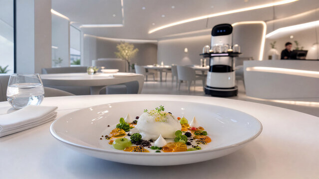 Futuristic Minimalist Restaurant Interior with Molecular Gastronomy Dish