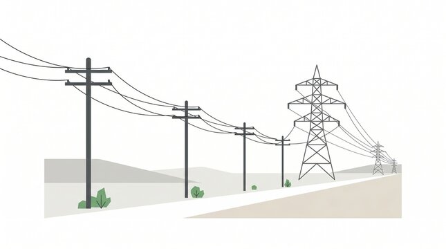 Power lines and electricity pylons stretching across a minimalist landscape Vector