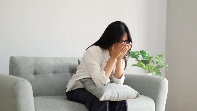 Young woman sitting on the sofa at home with an expression of anxiety, panic, confusion and stress.