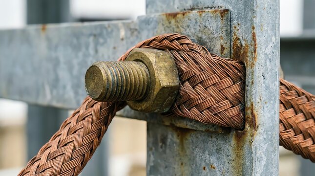 Close-up of a weathered metal fence post with a thick braided rope tied around it.