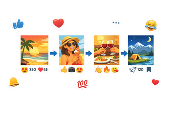 Fototapeta premium Social media travel photo carousel with vacation posts, likes, comments, reactions and arrows, vector illustration isolated on transparent background