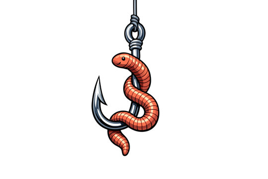 Fishing hook with orange worm bait hanging on line, shiny metal tackle for angling, cartoon vector illustration isolated on transparent background