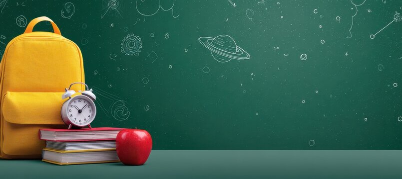 Back to school concept with yellow backpack stack of books and alarm clock backpack chalkboard education stationary supplies classroom academic knowledge elementary institution information