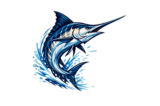 Blue marlin fish jumping with water splash vector illustration, dynamic sport fishing, ocean wildlife and marine adventure concept isolated on transparent background