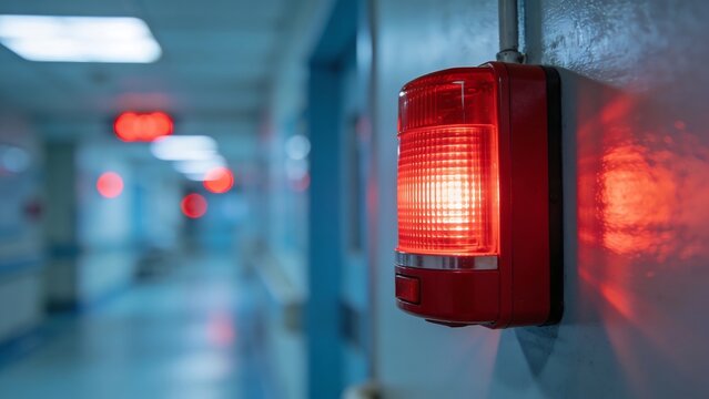 A fire alarm strobe light flashing urgently on a wall in a commercial building during an evacuation emergency indicating warning safety alert and danger situation