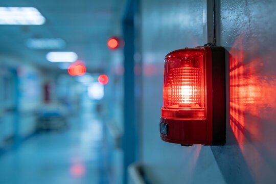 A fire alarm strobe light flashing urgently on a wall in a commercial building during an evacuation emergency indicating warning safety alert and danger situation
