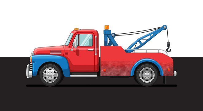 A red and blue tow truck vehicle.
