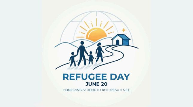 World Refugee Day conceptual illustration depicting a family's journey towards a new home, symbolizing strength, resilience, and hope for displaced people