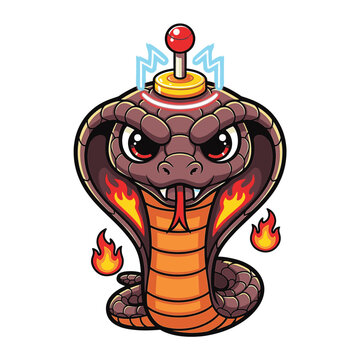 Vector illustration of an infernal arcade cobra mascot with a red joystick on its head, flames inside its hood, floating fireballs, and blue lightning bolts on a white background.