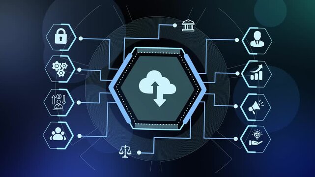 Cloud computing technology network concept with upload server data transfer icon for secure digital storage systems.