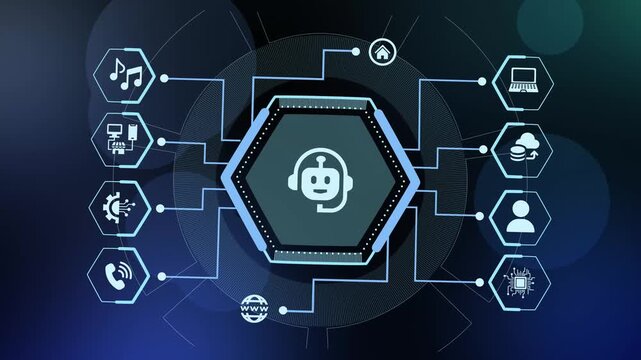 Futuristic artificial intelligence chatbot assistant icon inside a glowing digital network framework loop.