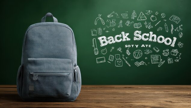 Grey school backpack standing on wooden desk against green chalkboard with back to school doodle art backpack chalkboard education supplies learning classroom academic knowledge university