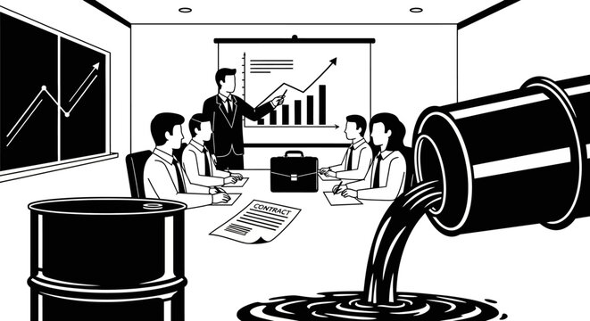 Business meeting with oil barrel pouring.