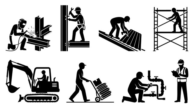 Construction workers and heavy machinery icons.