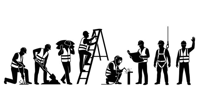 Construction workers in various work silhouettes.