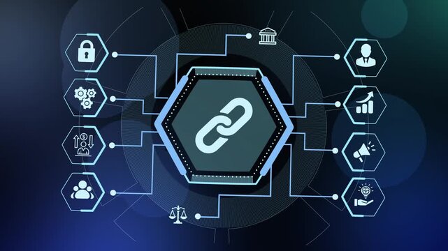  Futuristic Hud technology interface displaying chain link icon for blockchain network and secure data connectivity.