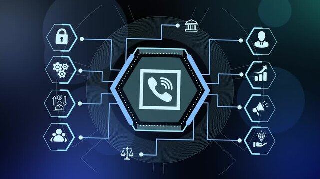 Customer support and digital communication background with a central phone icon and corporate data nodes.
