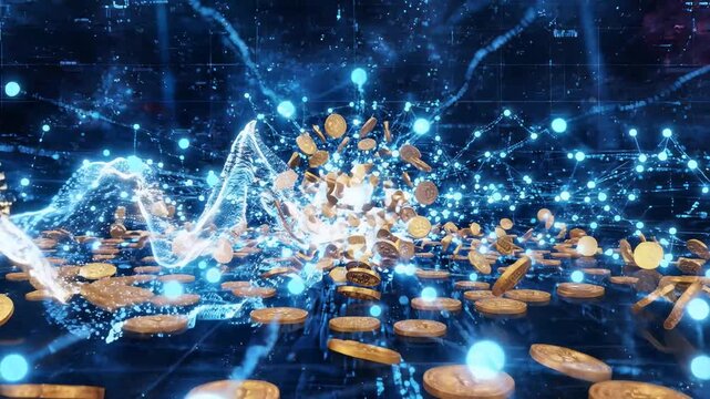 Digital Bitcoin Cryptocurrency Falling in Abstract Cyber Space.