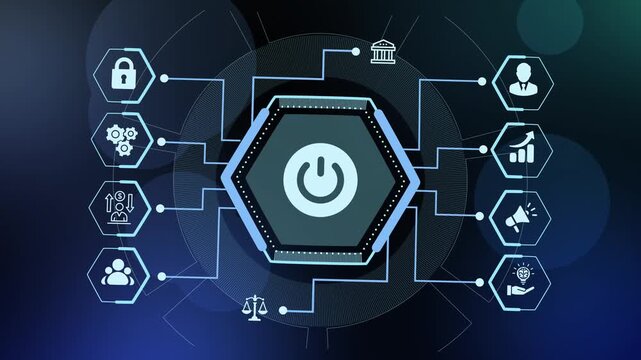  Digital technology background featuring a central power button icon and abstract business network nodes.