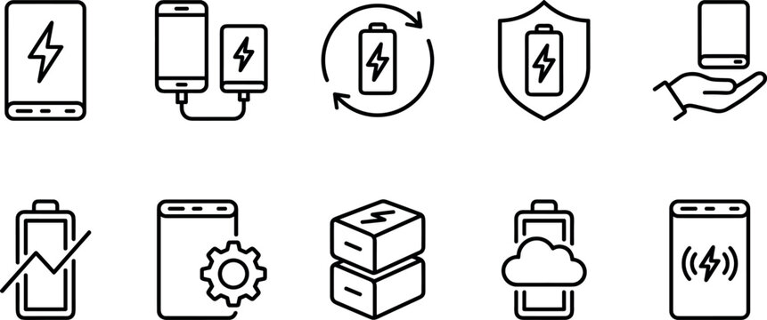 Mobile phone power bank and wireless battery charging technology line icon set