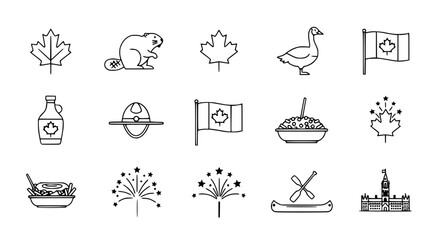 Obraz premium Canadian Icons Collection: Maple Leaf, Beaver, Flag, Poutine, Canoe, Parliament Building