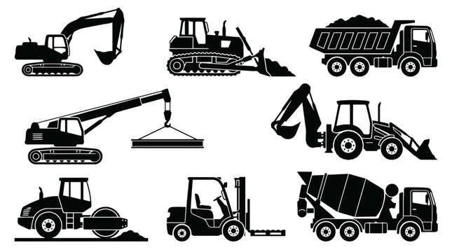Collection of heavy construction machinery silhouettes.
