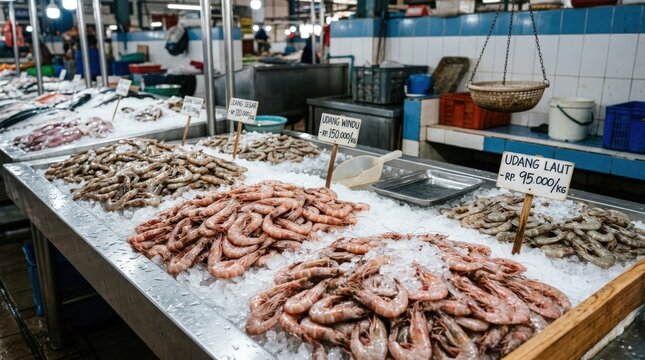 Fresh Prawn and Udang Selection Displayed on Ice at a Local Traditional Market. This Cinematic Widescreen View Showcases Pink Seafood and Price Tags for Culinary Sourcing and Gastronomy Themes.