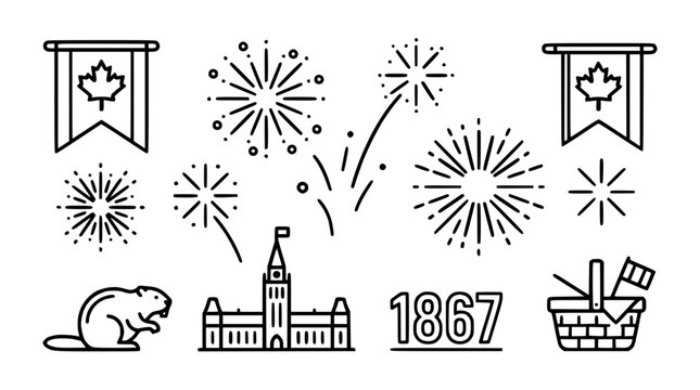 Canada Day Celebration Icons: Fireworks, Beaver, Parliament, Flag, Picnic Basket, 1867
