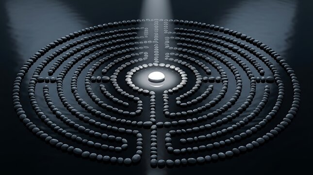 Circular stone labyrinth with a glowing light at the center
