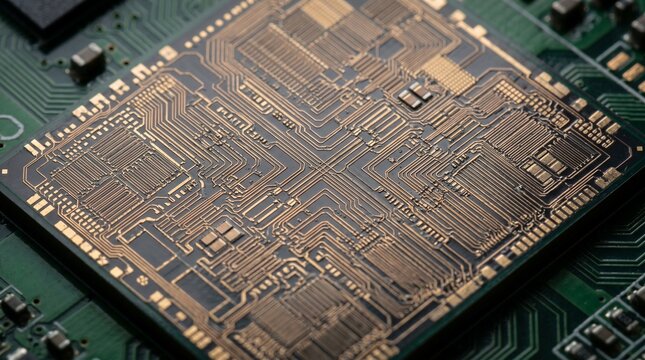 Close-up view of a complex electronic circuit board with intricate copper pathways, showcasing advanced technology and innovation in microelectronics