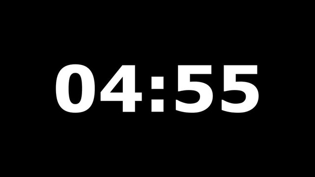 Digital 5 minutes countdown, 5 minute timer countdown animation, Countdown video. Digital clock countdown showing time passing from five minutes down to four zero.