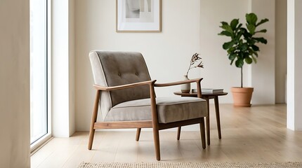 Fototapeta premium A stylish, mid-century modern armchair in neutral velvet fabric, positioned in a brightly lit, minimalist studio space