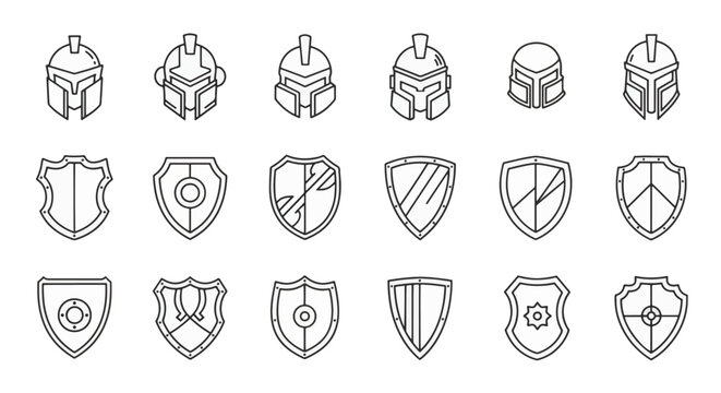 Minimalist outline icon set featuring ancient Spartan helmets and diverse medieval shield designs. Factual collection of gladiator headgear and heraldry protection symbols.
