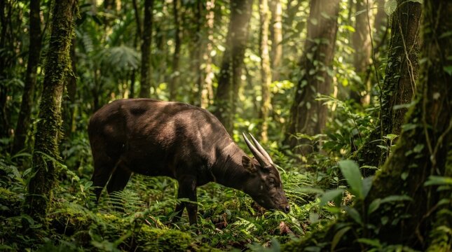 A rare anoa grazing peacefully in the dense jungle undergrowth of a remote tropical rainforest, showcasing the wild natural beauty of this endangered dwarf buffalo in its native forest habitat.