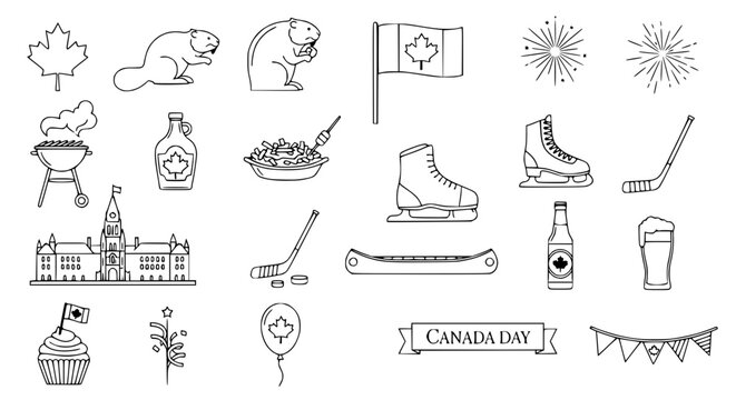 Canada Day Icons: Maple Leaf, Beaver, Flag, Hockey, Skates, Canoe, Food, Beer, Buildings