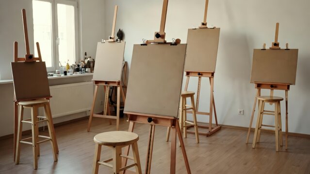 A bright and airy five person art workshop room featuring five wooden easels with drawing boards and matching stools arranged on a polished wood floor for a creative educational class.