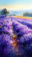 Obraz premium Vertical Serene watercolor painting of a Provence lavender field at golden hour sunrise. Impressionistic landscape illustration with vibrant purple flowers and a rustic path.