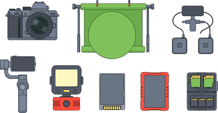 Professional Photography and Video Production Equipment Icon Set with DSLR Camera Greenscreen Studio Light Gimbal Stabilizer and Memory Card Vectors