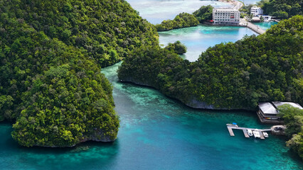 Plakat Aerial View of Lush Tropical Rock Islands and Turquoise Lagoons in Palau