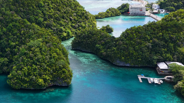 Aerial View of Lush Tropical Rock Islands and Turquoise Lagoons in Palau