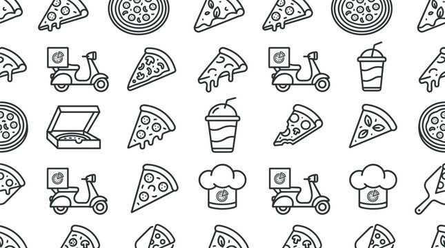 Pizza delivery fast food seamless pattern background with slices scooter box and chef hat