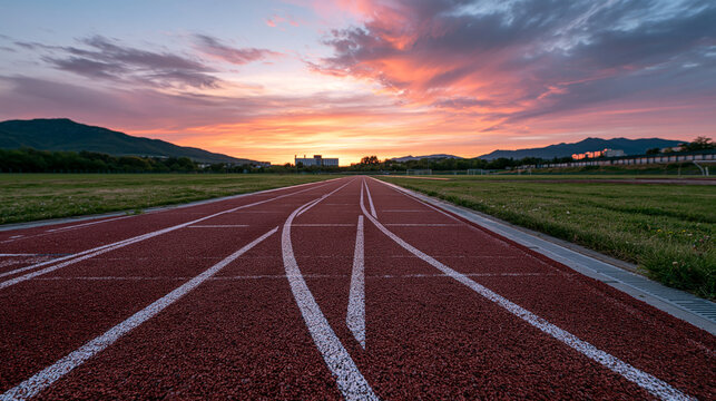 Empty Running Track Lanes Leading Toward Sunset Sky and Mountain Landscape