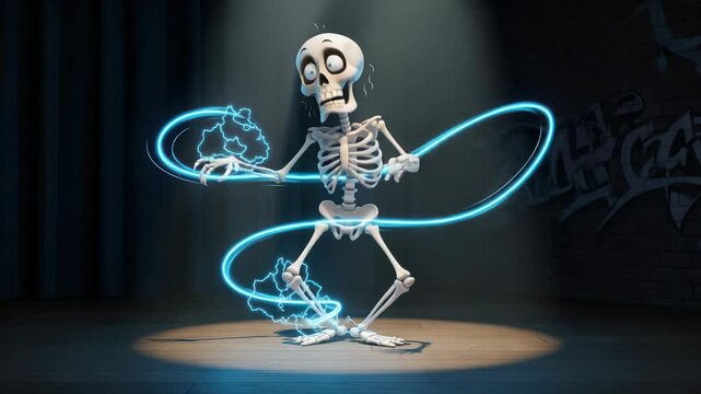 Scared Cartoon Skeleton Electrocuted with Blue Lightning Energy Trails