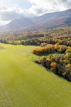 Aerial view of green meadows and autumn forests at the foot of the Jura mountains under a soft cloudy sky in La Rippe, Vaud, Switzerland.