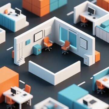 家具がアイソメトリックに配置されたミニチュア風のオフィスの3Dイラスト、ワークスペースのコンセプトイメージ