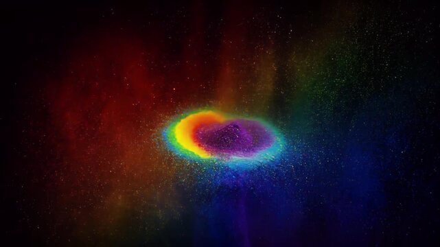 Pride month rainbow powder explosion colorful dust burst vibrant color splash abstract powder art rainbow heart shape dark background neon pigment cloud vivid particle spray celebration concept