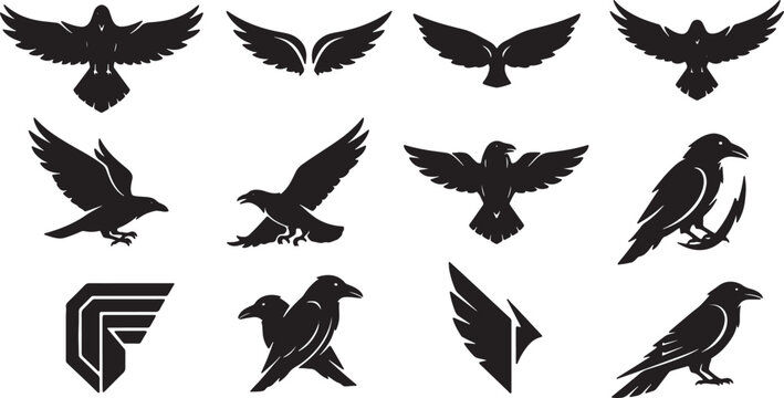Set of twelve black raven silhouettes and wing icons including flying birds, perched crows, and stylized geometric avian emblems isolated on a plain white background for design.