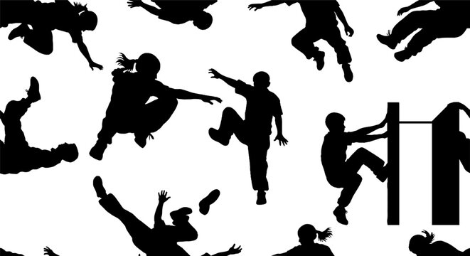 Dynamic Silhouettes of Parkour and Freerunning Athletes in Action.